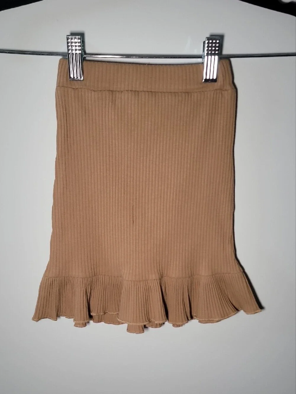 CHANEL Tan Ribbed Crop Top & Skirt Set with Camellia Logo